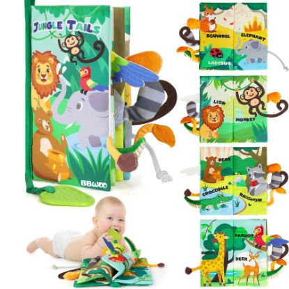Picture of BBWOO Soft Baby Book Toy - Newborn Boy Girl Shower Gift - Tummy Time Toy for Infant 0-6 6-12 Months - Touch and Feel Sensory Crinkle Book with Teether - Baby Boy Girl Gift - Easter Basket Stuffers
