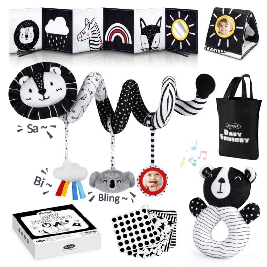 Picture of Joyreal High Contrast Baby Toys for Newborn, Black and White Baby Sensory Toys with Car Seat Toys,Infant Toys with Black White Cards Book, Montessori Toys for Baby Gifts