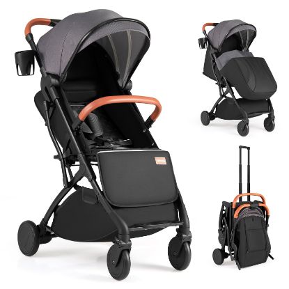 Picture of BABY JOY Lightweight Stroller, Compact Travel Stroller with One-Hand Fold, Adjustable Backrest, Canopy, Cup Holder, Footmuff & Storage Basket for Toddlers (Gray)