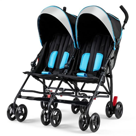 Picture of BABY JOY Double Umbrella Stroller, Lightweight Travel Side by Side Twin Stroller with Large Storage, Cup Holder, 5-Point Safety Harness, Adjustable Canopy & Compact Fold for Infant and Toddler (Blue)
