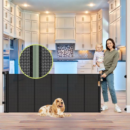 Picture of Reinforced 80 Inch Retractable Baby Gate Extra Wide Baby Gate for Wide Openings, Indoor/Outdoor Retractable Dog Gate for Doorway, Mesh Dog Gate Indoor Prevent Babies/Pets from Crawling Under, Black