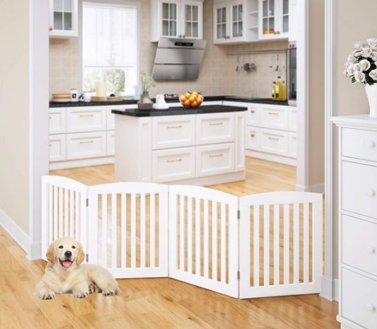 Picture of PAWLAND Wooden Freestanding Foldable Pet Gate for Dogs, 24 inch 4 Panels Step Over Fence, Dog Gate for The House, Doorway, Stairs, Extra Wide (White, 24" Height-4 Panels)
