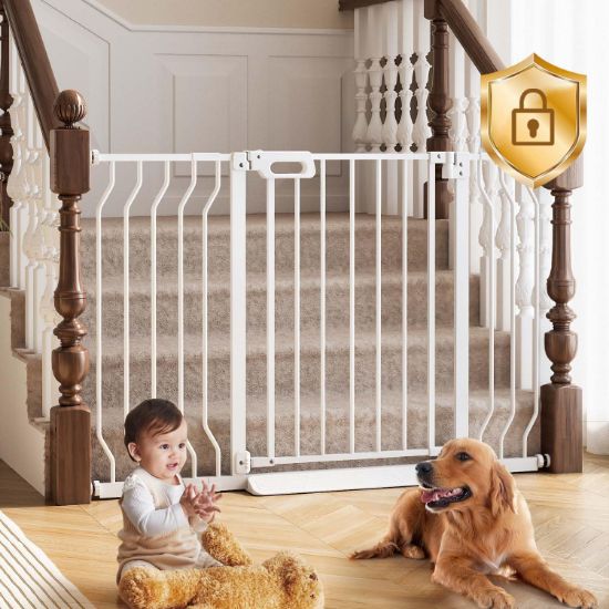 Picture of Mom's Choice-GROWNSY Baby Gate for Stairs, 29.5"-48.4" Pressure Mounted Baby Gate for Top of Stair&Doorway with V-Shaped Rods, Anti-Trip Pedal, Extra Wide Stairs Dog Gate Easy Install w/Red Reminder