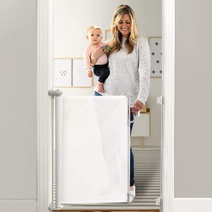 Picture of Momcozy Retractable Mesh Baby Gate or Dog Gate, Child Safety Gate for Indoor or Outdoor, 33-inches Tall with up to 55-inches Wide Extension, White