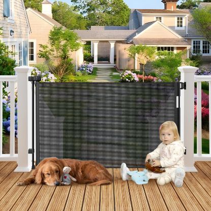 Picture of Weatherproof Outdoor Retractable Gate for Dogs with No Rust Stainless Steel Screws and Rods, 55" Wide Waterproof Retractable Baby Gates, Scratch-Resistant Mesh Safety Outdoor Pet Gate for Deck, Black