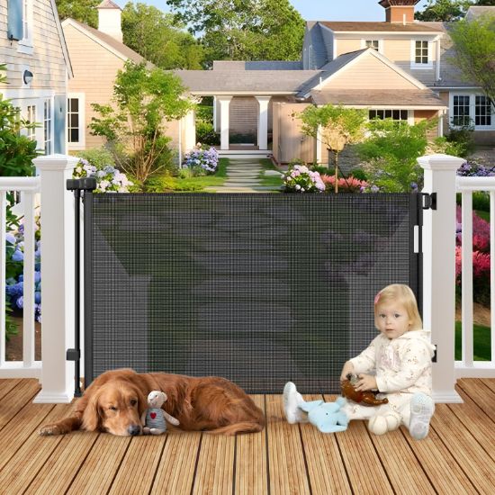 Picture of Weatherproof Outdoor Retractable Gate for Dogs with No Rust Stainless Steel Screws and Rods, 55" Wide Waterproof Retractable Baby Gates, Scratch-Resistant Mesh Safety Outdoor Pet Gate for Deck, Black
