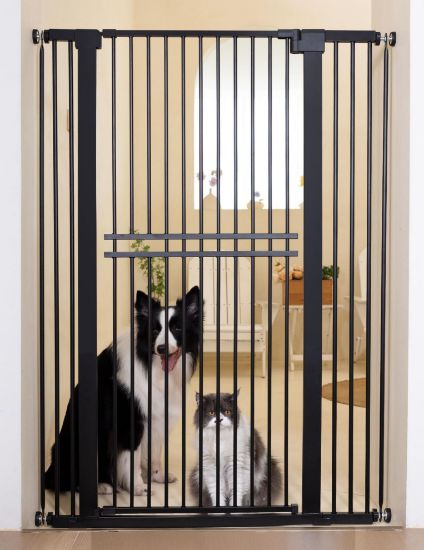 Picture of No Pawblems 55" Extra Tall Pet Gate for Cat/Dog, 29-40" Wide Auto Close Tall Dog Gate for Doorways/Hallways, 1.37" Ultra Narrow Spacing, NO Drilling Pressure Mounted, Black