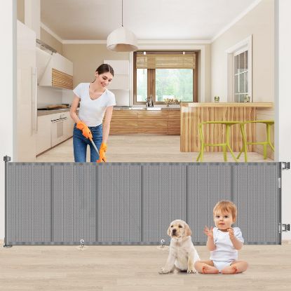 Picture of Upgrade 120 inch Retractable Baby Gates, EZIGO Extra Wide Baby Gate for Large Opening Extra Long Mesh Gate for Kids or Pet Dog Gate Child Safety Gate for Stairs Hallways Doorway Indoor Outdoor, Gray