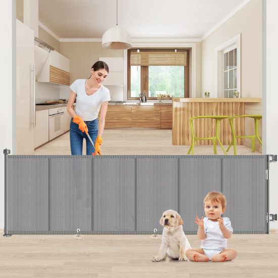 Picture of Upgrade 120 inch Retractable Baby Gates, EZIGO Extra Wide Baby Gate for Large Opening Extra Long Mesh Gate for Kids or Pet Dog Gate Child Safety Gate for Stairs Hallways Doorway Indoor Outdoor, Gray