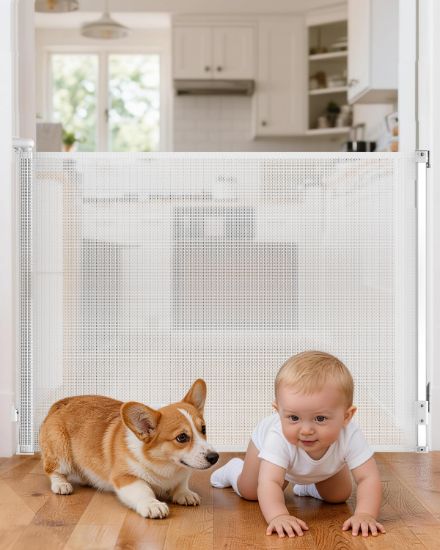 Picture of BBsecure Retractable Baby Gate for Stairs, 55" Wide 38" High Pet Gate with Auto-Retract System, One-Hand Operation, Mesh Baby Gate for Doorways, Hallways, Decks, Indoor & Outdoor, White