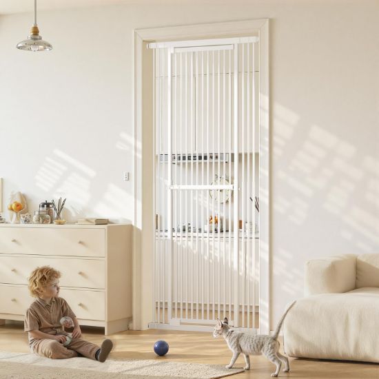 Picture of Gardner Pet 51"-87" Extra Tall Cat Gate for Doorway, Wide Adjustable 27.56"-37" Baby Gate Included 4 Extension Kits, Pressure Mounted Safety Full Door Gate for Stairs, Studio, Kitchen (White)