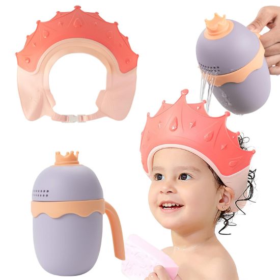 Picture of FUNUPUP Baby Shower Cap for Kids with Bath Rinse Cup, Adjustable Toddler Hair Washing Shield Hat Baby Bath Visor Shampoo Hat for Toddlers 6M-9T, Pink