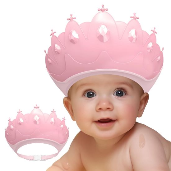 Picture of Baby Shower Cap Shield, Baby bath set shower cap, Visor Hat for Eye and Ear Protection for 0-9 Years Old Children,Cute Crown Shape Makes the Baby Bath More Fun (Pink)