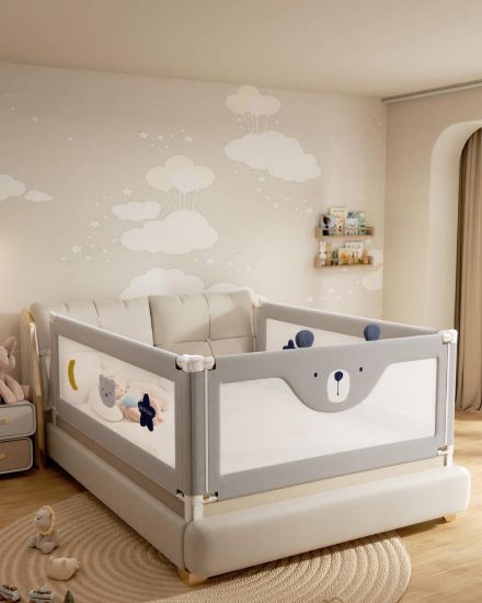 Picture of 3 Piece Bed Rails for King Size Bed, No-Drill Needed Baby Bed Rail Guard for Toddlers with Height Adjustable, Thickened Child Safety Side Railing Guards/Bedrail for Kids, Grey Bear, 74.8x78.7x78.7in