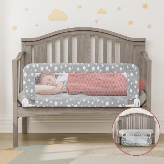 Picture of NUTIKAS Crib Rail Guard for Toddlers - 35.4" Toddler Bed Rails Convertible Safety Side Protector Swing Down Mesh Breathable Bed Barriers with Reinforced Anchor Safety