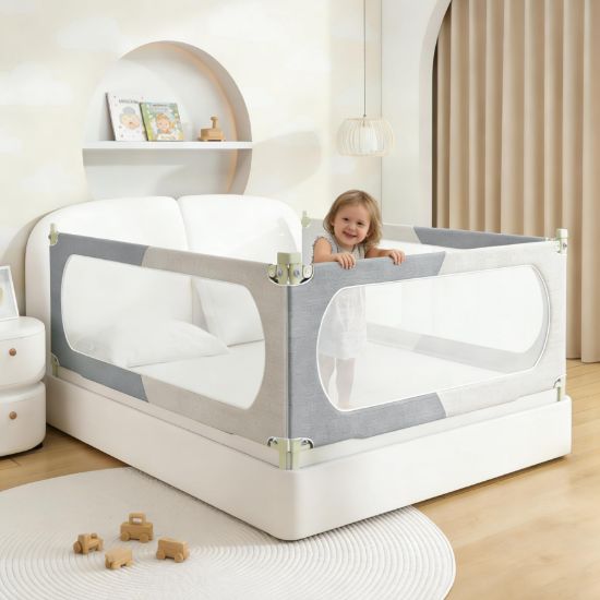 Picture of VIUEANR Bed Rail for Toddlers Twin, Full, Queen, King & Cal kingMattress Size | Swing Down Rail Guard | Mattress Side Rail for Kids (Gray and White, (3 Sides for Queen Size) 79.9x79.9x59.8 Inch)