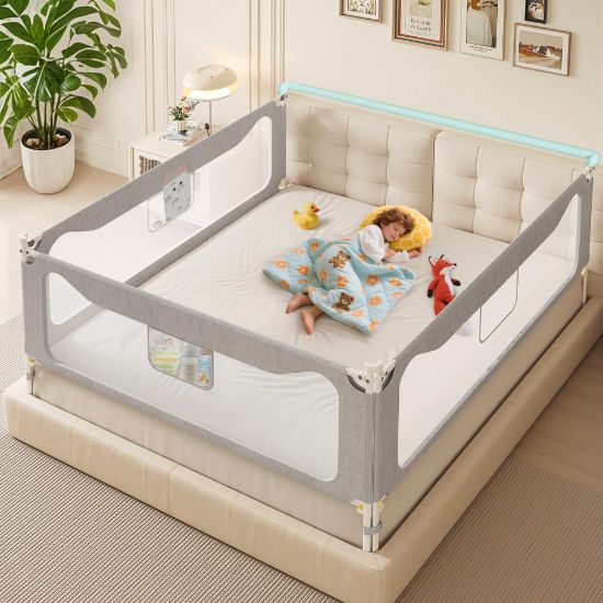 Picture of Updated King Size Bed Rail for Toddlers: 3-Side Protection Bedrail with Headbroad for King Bed - Extral Tall Adjustable Child Safety Side Railing Guards for Infants Kids Child(78.7x78.7X 74.8)