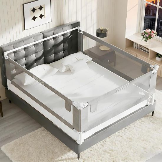 Picture of AquaVogue 3-Pack Queen Size Bed Rails for Toddlers -Height Adjustable Baby Bed Rail Guard Specially Designed for Queen Size Bed (78.7"x78.7"x60"-Grey)