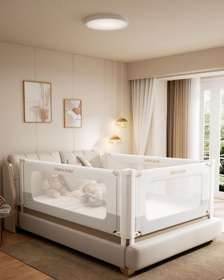 Picture of Bed Rails for Toddlers 3 Pack, Thickened & Reinforced Baby Rail Guard with No-Nail Design, Height Adjustable Toddler Rails for Queen Bed, Kids Safety Bed Side Rails, White/Grey, 60x78.7x78.7in