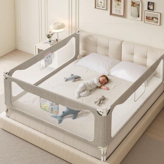 Picture of colorfarm King Size Toddler Bed Rail 3 Pack Bed Rails Guard with Safety Lock - Adjustable Bedrails Bed Fence for Infant Baby Toddlers Child (78.7x78.7x74.8)