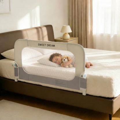 Picture of Bed Rail for Toddlers, 32in Folding Toddler Bed Rail Guard with Reinforced Anchor System & Sturdy Metal Frame, Portable Bed Railing for Baby Fits Crib,Twin, Queen & King Bed, Breathable Mesh