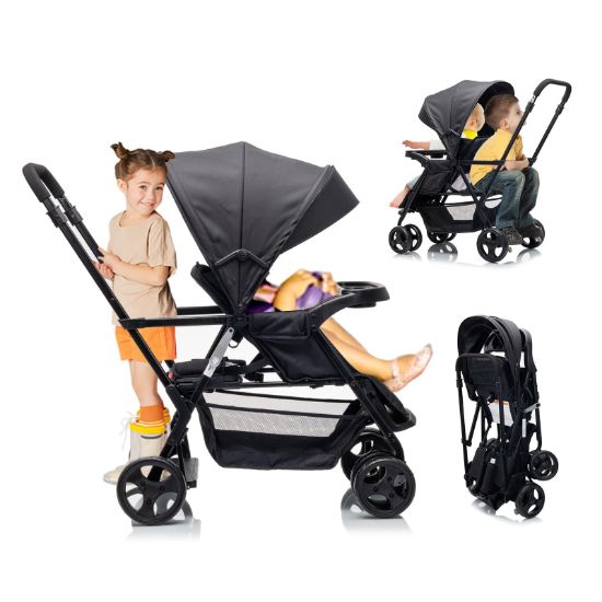 Picture of SPWVIP Double Stroller,Sit-Stand Lightweight Travel Folding Stroller for Toddler with Standing Platform,5-Point Harness,Canopy,Kids Tray,Storage