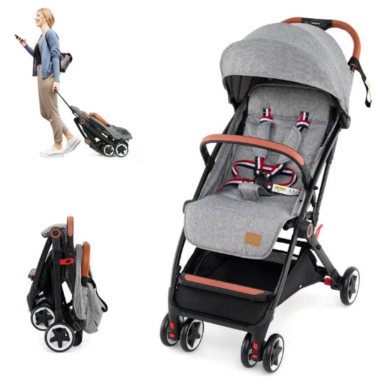 Picture of HONEY JOY Travel Stroller, One-Hand Quick Fold Lightweight Umbrella Stroller for Airplane, Wrist Wrap & Net, Multi-Position Recline, Overhead Friendly Compact Stroller for Newborn and Toddler(Gray)