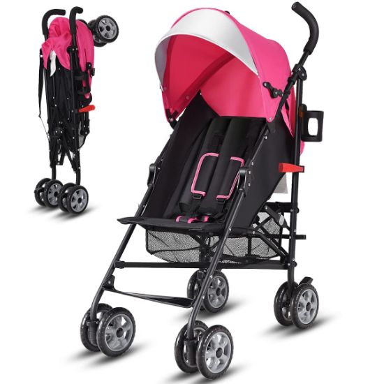 Picture of BABY JOY Lightweight Stroller, Compact Travel Stroller, Infant Stroller w/Adjustable Backrest & Canopy, Cup Holder, Storage Basket, 5-Point Harness, Easy Fold, Umbrella Stroller for Toddler, Pink