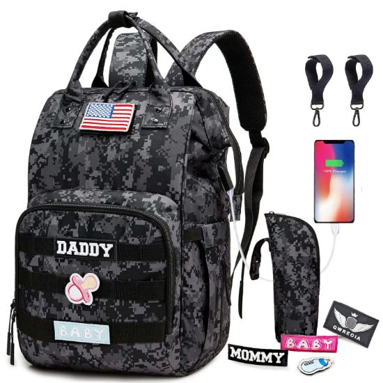 Picture of QWREOIA Camo Diaper Bag Backpack for Dad and Mom with USB Charging Port Stroller Straps and Insulated Pocket,army military Travel Nappy Backpack (DADDY and MOMMY patches)
