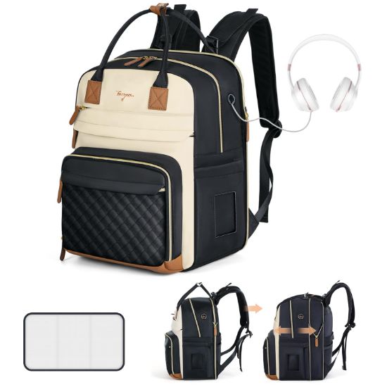 Picture of Tonyeee Diaper Bag Backpack - Extra Large Diaper Bag for 2 Kids Twin, Travel Baby Bags for Mom Dad 25-37L Expandable with Changing Pad Earphone Hole, Apricot Black