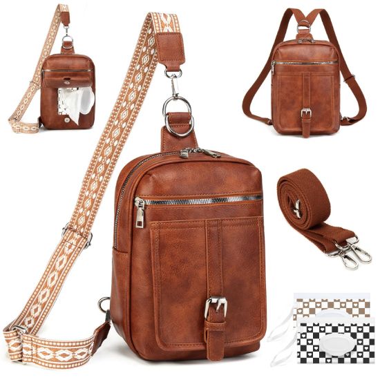 Picture of MYHOZEE 2-in-1 Small Diaper Bag Crossbody for Women & Men, Vegan Leather Sling Backpack Purse with Instant Wipes Pocket, Waterproof Travel Chest Bag, Dog Walking Bag, Gift for New Mom Dad, Brown