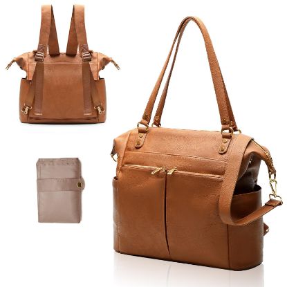 Picture of MOMINSIDE Diaper Bag Tote, 4 in 1 Leather Diaper Bag Backpack with 13 Pockets, Convertible Baby Bag for Boys Girls,Diaper Bags Baby Registry, Changing Pad, 4 Large Insulated Pockets(Brown)
