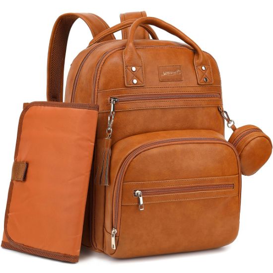 Picture of ROSEGIN Premium Vegan Leather Diaper Bag Backpack with Waterproof Changing Pad, Reinforced Zippers & Odor-Free, 20 Pockets Pro Organizer, Fits 15.6" Laptop, Stroller Straps, Baby Bag for Mom, Brown