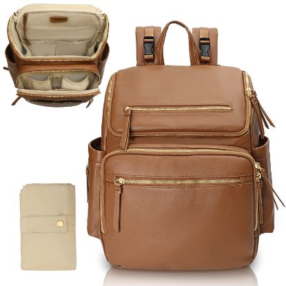 Picture of Omanmoli Diaper Bag Backpack Large Baby Diaper Bag Leather with 17 Diaper Bag Organizing Pouches,Changing Pad,Stroller Straps,4 Insulated Pockets,Brown