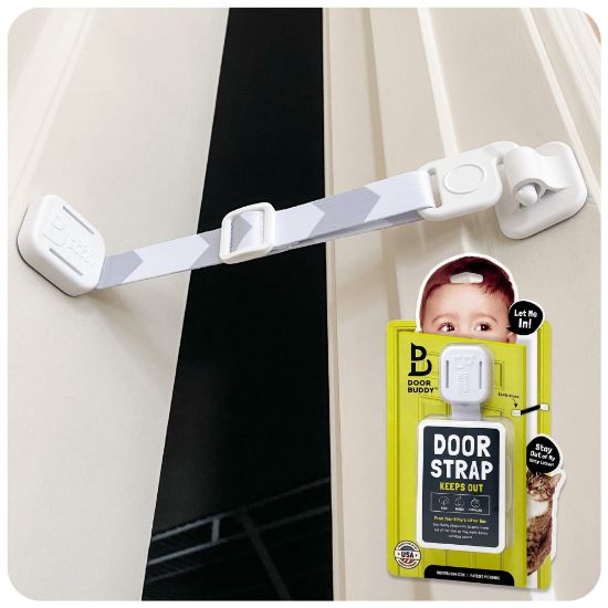 Picture of Door Buddy Baby & Cat Door Latch - Grey. Adjustable Strap Keeps Kids Out of Cat Areas. Simple Child Safety Lock for Doors. The Easier Baby Gate and Kitty Door Interior Alternative.