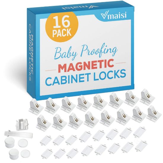 Picture of Vmaisi 16 Pack Child Safety Magnetic Cabinet Locks - Children Proof Cupboard Baby Locks Latches - Adhesive for Cabinets & Drawers and Screws Fixed for Protection