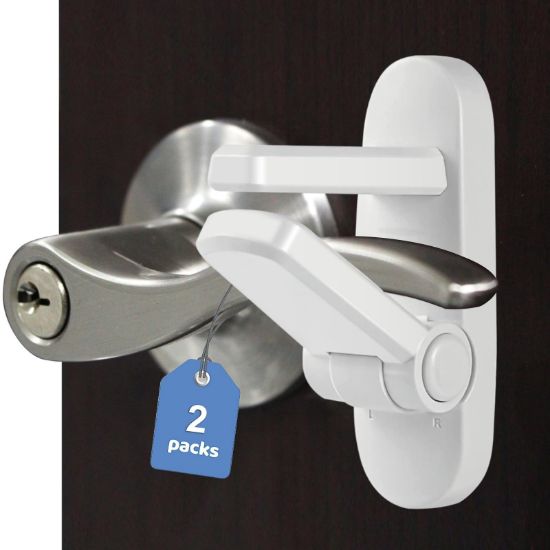 Picture of Childproof Door Lever Lock Baby safety locks for doors (2 Pack) Improved door safety for kids, 3M Adhesive No Drilling Child Safety Door Handle Lock. Simple Install, No Tools Needed (White, 2)