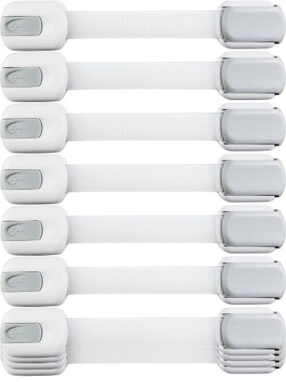 Picture of Child Safety Strap Locks (10 Pack) Baby Locks for Cabinets and Drawers, Toilet, Fridge & More. 3M Adhesive Pads. Easy Installation, No Drilling Required, White/Gray