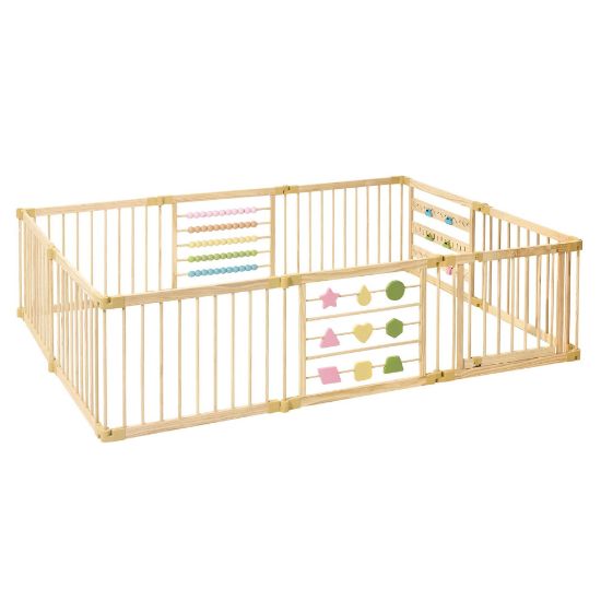 Picture of ZETY Natural Wood Baby Playpen - 8 or 10 Panel Foldable Play Yard with Door Panel and Built-in Toys, CPC Certified & SGS Tested