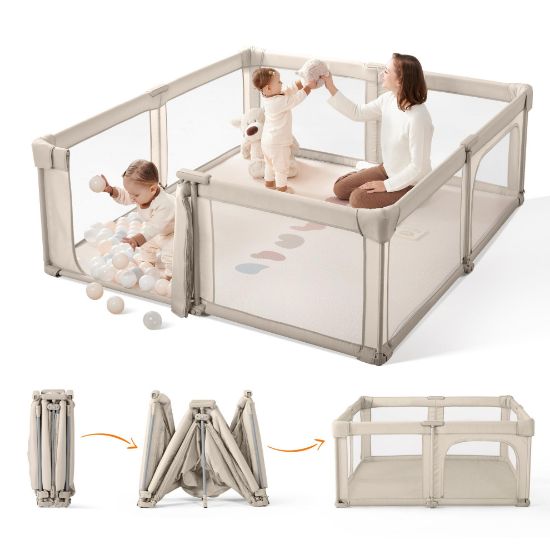 Picture of Sweeby Baby Playpen, 59x59 Inch Gate Foldable for Babies and Toddlers, Extra Large with Door Play Yard for Fence Indoor and Outdoor, Light Khaki