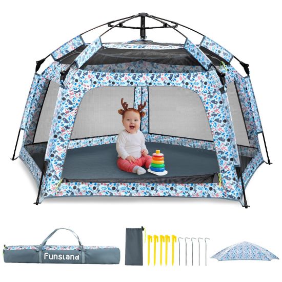 Picture of Funsland Baby Playpen Pop-up Tent - Outdoor & Indoor Play Tent for Beach with Canopy Travel Bag Portable Play Yard for Babies & Toddlers (Ocean)