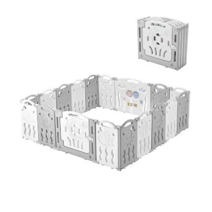 Picture of Albott Baby Fence Kid Playpen 18 Panel Albott Play Yard - Foldable Kids Safety Activity Center Playard Safety Lock Gate,Adjustable Shape, Portable Design for Indoor and Outdoor (18 Panel, Grey+White)