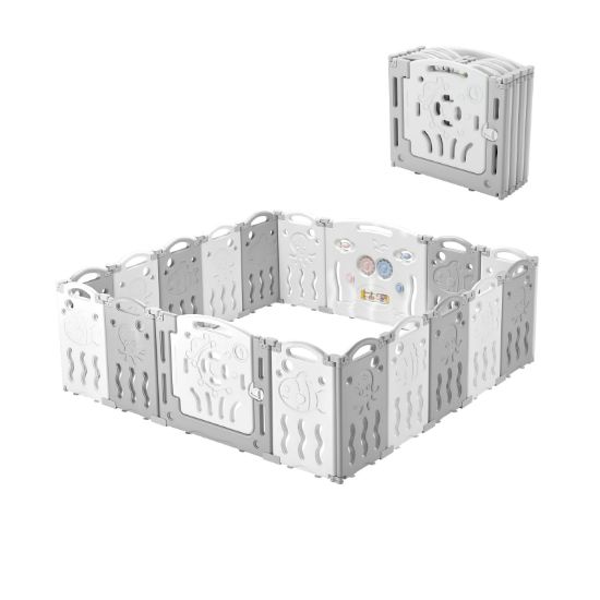 Picture of Albott Baby Fence Kid Playpen 18 Panel Albott Play Yard - Foldable Kids Safety Activity Center Playard Safety Lock Gate,Adjustable Shape, Portable Design for Indoor and Outdoor (18 Panel, Grey+White)