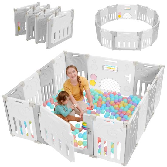 Picture of Baby Playpen, Dripex Baby Playard for Babies and Toddlers, 14-Panel Foldable Playpen Adjustable Portable Play Area, Indoor/Outdoor Kids Active Center with Game Panel & Safety Gate, Grey White