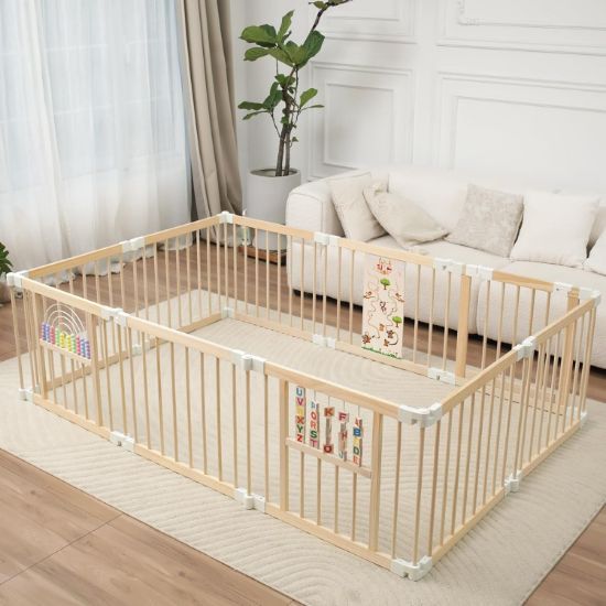 Picture of Ulnxiy Foldable Wooden Baby Playpen Activity Center,Adjustable Size & Shape Portable Play Yard, Baby Fence Play Area with Gate for Indoor Use for Babies and Toddlers(84x56x24inches)