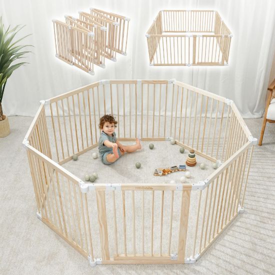 Picture of Comfy Cubs Baby Gate Playpen - 57 x 57 x 25 in, Extends Up to 228 - Pine Wood Foldable Playpen with Child-Proof Lock - Easy Assembly Baby Fence Play Area for Babies & Toddlers - Light Wood White