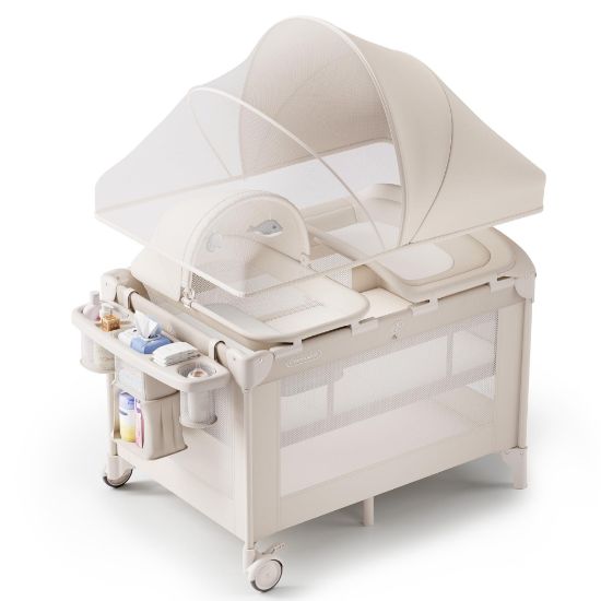 Picture of Obee Odee 4-in-1 Baby Bassinet with Playard, Napper Bassinet, Changing Table, Mosquito Net & Canopy, Storage and Toys for Newborn to Toddler