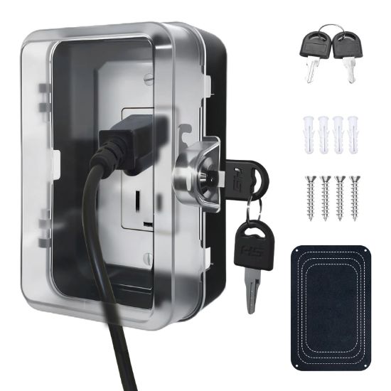 Picture of PILISPARK Child Proof Outlet Lock Box with 2 Durable Keys - Heavy Duty Safety Cover for Baby Proofing, Tool-Free Installation, More Space for Large Plugs Universal Fit Socket Protector (1Pack, Black)