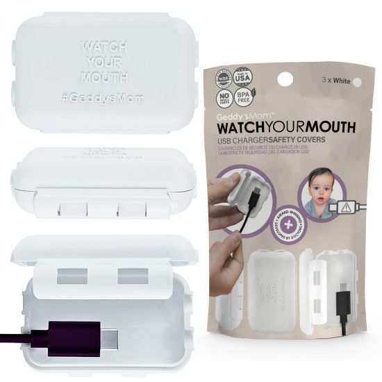 Picture of Baby Proof USB Charger Cover - Child-Resistant Cord Tip Enclosure for Standard USB Charging Cables - (3 Pack, White)