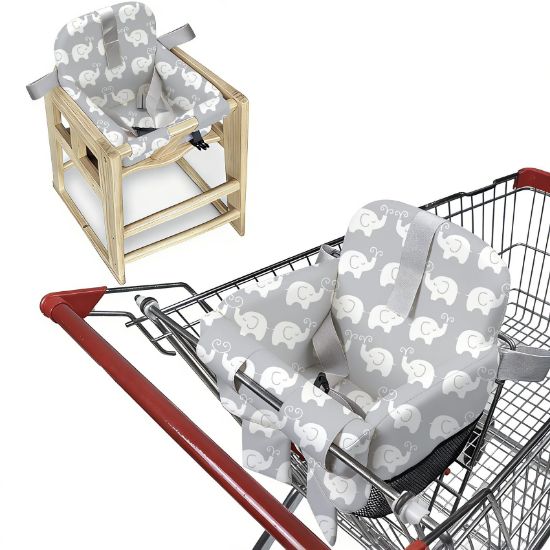 Picture of Padded Shopping Cart Cover for Baby & Toddler, High Chair Cover with Soft Thigh Guards, 2-in-1 Grocery Cart Seat Protector, Portable with Shoulder Strap & Storage Pocket (Elephant Print)